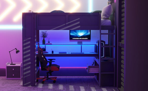 English Elm Wood Full Size Loft Bed with Built-in Desk Led Lighting and Charging Station SM000374AAE-1