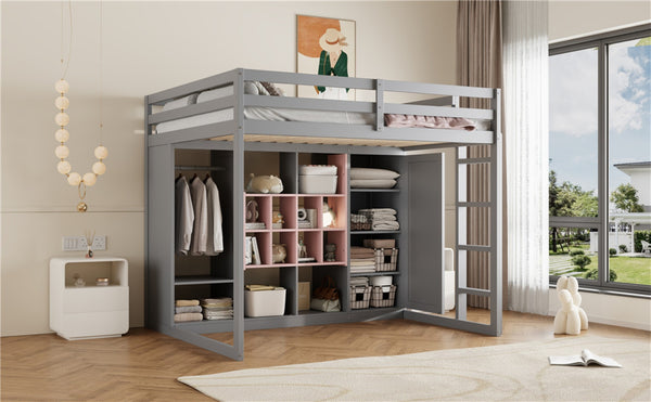 English Elm Twin Loft Bed with Wardrobe Shelves and Cabinet Kids Bedroom Wood Storage Frame Pink+Grey N708S00024E