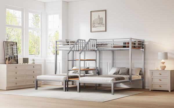English Elm Metal Triple Bunk Bed Space-Saving Twin over Twin & Twin Design with Staircase Storage Shelves, Durable Metal Frame Silver GX001115AAN
