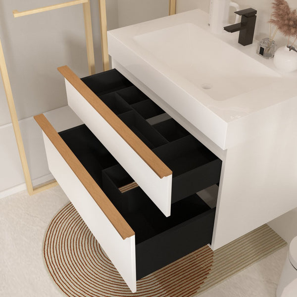 English Elm VELA 36 Inch Wall Mounted Bathroom Vanity with Integrated Acrylic Sink, Dual Wood Handles, Soft-Close Drawers, Matte Finish White W3235P327598