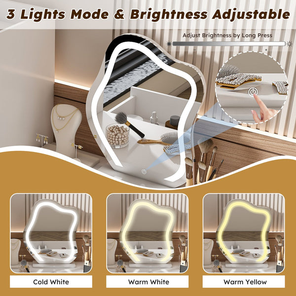 English Elm Vanity LED Mirror Dressing Table with 3 Drawers, 4 Cabinets & 3 Light Modes — White, Spacious Storage W2700P297922