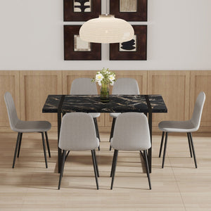 English Elm Table Modern Black Marble Mdf Dining Set With 6 Light Gray Linen Chairs - Stylish & Durable Design W1151S02704-GIGA