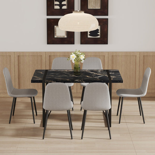 English Elm Table Modern Black Marble Mdf Dining Set With 6 Light Gray Linen Chairs - Stylish & Durable Design W1151S02704-GIGA