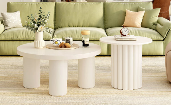 English Elm VIBE Modern Roman Column Coffee Table Set of 2 — Sculptural Round Tables, Stackable, Stable Design SJ000136AAK