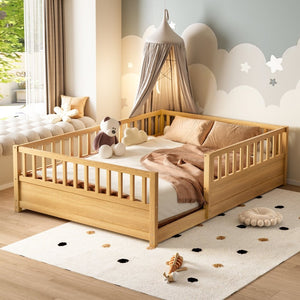 English Elm Twin Montessori Floor Bed Solid Pine Frame with Safety Fence Door for Kids Play Space Natural W1858P382402