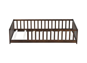 English Elm Twin Solid Rubberwood Floor Bed with Full Perimeter Safety Rails for Toddler Rooms Espresso W504P296797