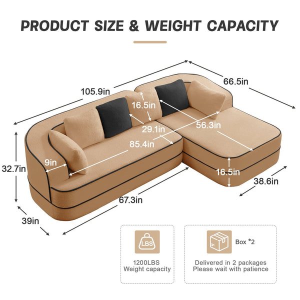 English Elm 106" Teddy Fabric L-Shaped Sofa - Plush, No Assembly, Contrast Color, Cozy Couch For Modern Living Room W714S01417