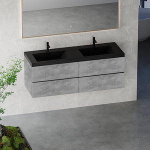 English Elm 60'' Floating Wall Mount Vanity Dual Quartz Basins Smoked Walnut Fluted Cabinet W1920P385533