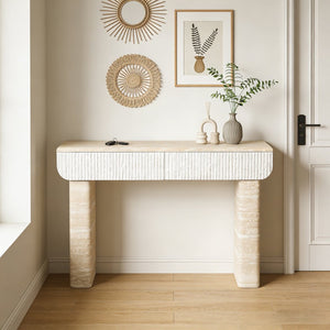 English Elm Entryway Console Table with Fluted Drawers Woodgrain Finish for Hallway or Living Room W3040P428693