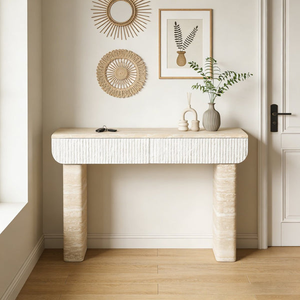 English Elm Entryway Console Table with Fluted Drawers Woodgrain Finish for Hallway or Living Room W3040P428693