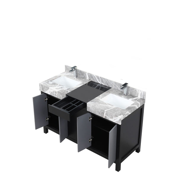 English Elm Black Double Bath Vanity 55" With Castle Grey Marble Top, Chrome Faucet & Smart Storage Solutions B2731P261100