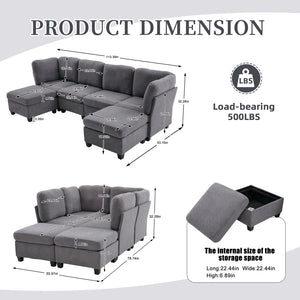 English Elm UNITED Modular 6-Seat Sectional Sofa with Removable Ottoman, Storage Compartments, Convertible Comfort Gray W1568S00245