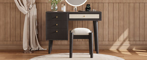 English Elm 39" Retro Bohemian Makeup Vanity Set with Rattan Drawers, USB Charging Port, Cushioned Stool, 4-Drawer Storage Black 44.1 L x 18.75 W x 10.5 H N733P180011B