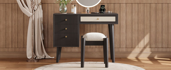 English Elm 39" Retro Bohemian Makeup Vanity Set with Rattan Drawers, USB Charging Port, Cushioned Stool, 4-Drawer Storage Black 44.1 L x 18.75 W x 10.5 H N733P180011B