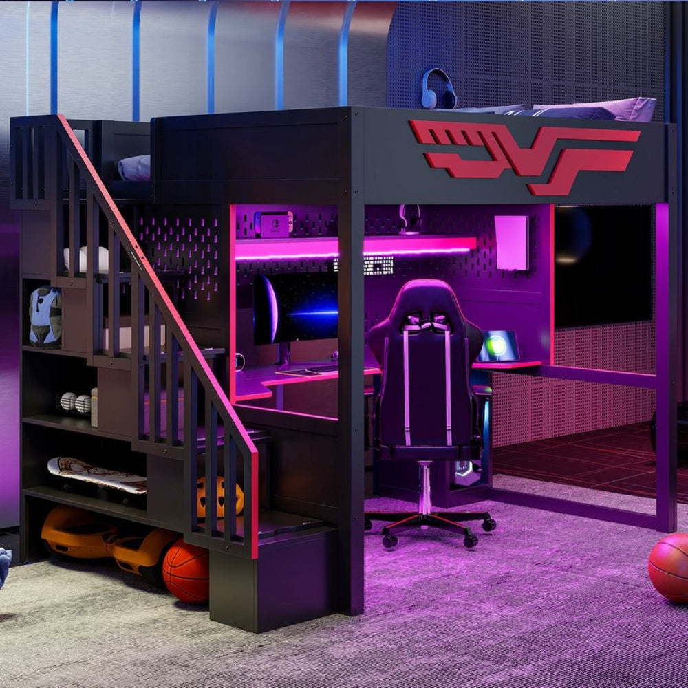 English Elm Gaming Full Loft Bed with Workstation Storage Staircase Led Lights and Usb Port N7090004031B