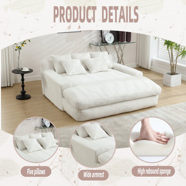 English Elm COOLMORE Chenille 2-Seater Lazy Sofa with 5 Supportive Back Pillows, Deep Seat Couch for Lounge White W395P197923