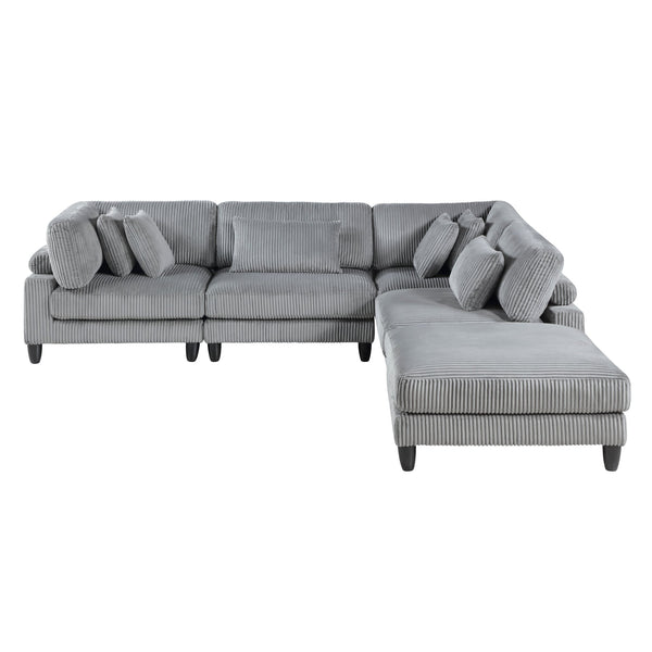 English Elm 5pc Modular Sectional Sofa Set in Corduroy Upholstery with Ottoman & Accent Pillows, Modern Luxe Gray 40 L x 40 W x 13.5 H B011S01560