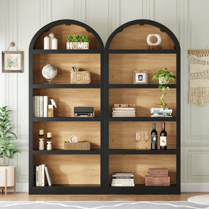 English Elm On-trend Farmhouse Two-tone Bookcase Set Arched Fabric Crown Open 5-tier Shelving Black+Natural N721P411205B