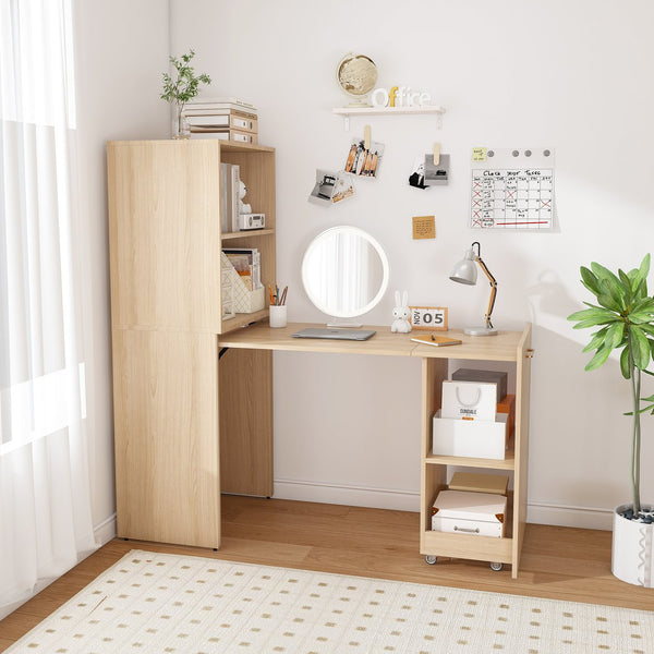English Elm Stretchable expandable office desk with magnetic fold, lockable casters, adjustable shelves for storage and space-saving Natural Wood W509P355681