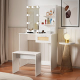 English Elm Vanity Desk Set Stool & Dressing Table With Led Lighting Mirror Drawer and Compartments Modern Wood Cosmetic Table Chest Of Drawers White Color