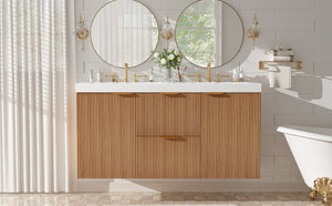 English Elm [video]47.24 Inch Floating Double Sink Vanity Mdf Cabinet Gold Handles Modern Bath N729P000025N