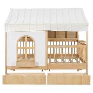 English Elm Full Size Kids House Bed with Led Bookshelf Storage Drawers and Charging Station Natural LP000378AAN