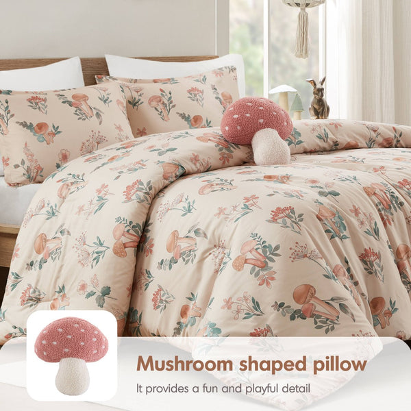 English Elm 4-piece Whimsical Mushroom Floral Microfiber Comforter Set with Shaped Accent Pillow Blush Multi B035P482877