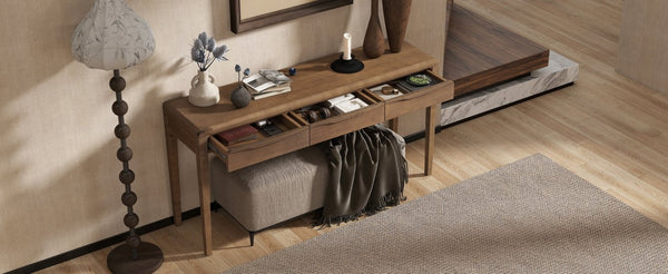 English Elm U_style Oak Veneer Console Table with Three Wave Drawers for Entryway or Foyer Brown N711P401926D