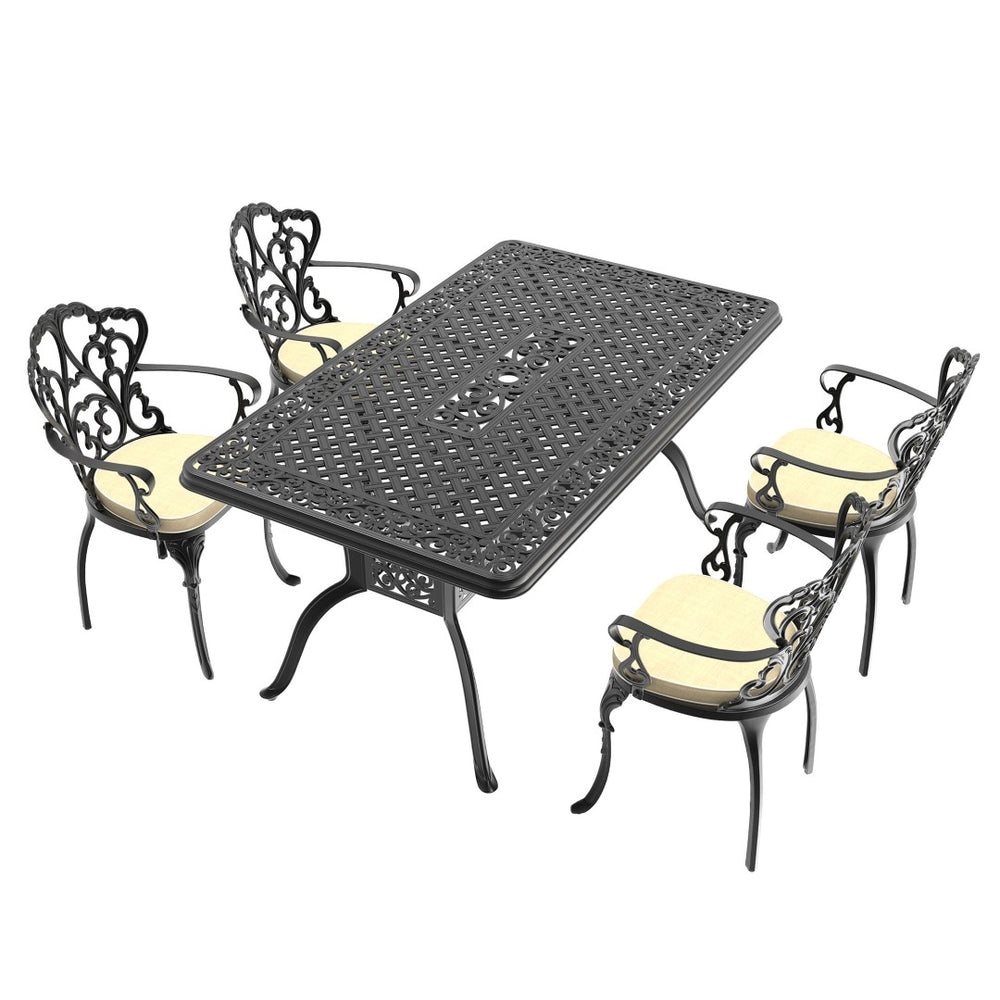English Elm 5-piece Cast Aluminum Outdoor Dining Set Old World Ornate Patio Furniture Brown Cushions W1710S00581