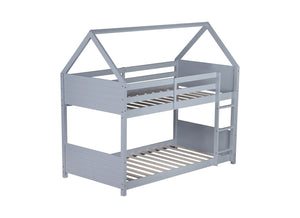 English Elm Twin House Floor Bunk Bed With Guardrails, Ladder & Headboards - Stylish Light Grey Rubber Wood Design W504P227969-GIGA