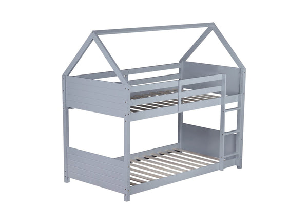 English Elm Twin House Floor Bunk Bed With Guardrails, Ladder & Headboards - Stylish Light Grey Rubber Wood Design W504P227969-GIGA
