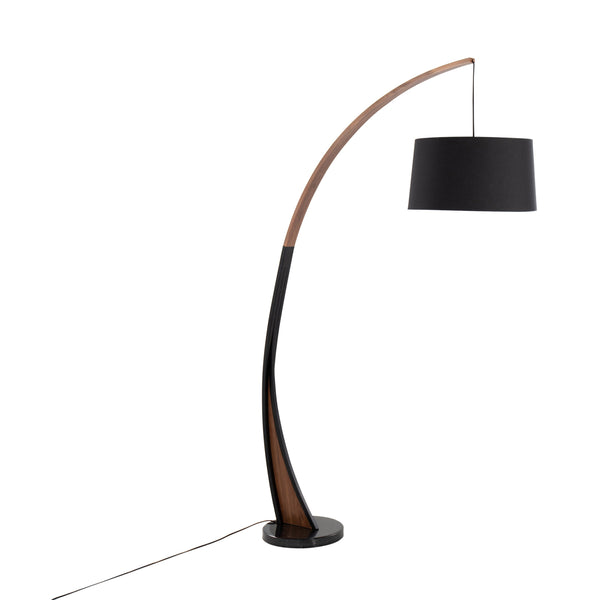English Elm Noah Mid-Century Floor Lamp with Walnut Arched Frame, Black Linen Shade & Marble Base by LumiSource B202S01393