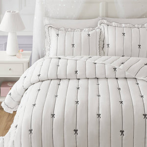 English Elm 3-piece Reversible Microfiber Quilt Set Bow Embroidery Ruffled Trim Romantic Bedroom White+Black B035P482885