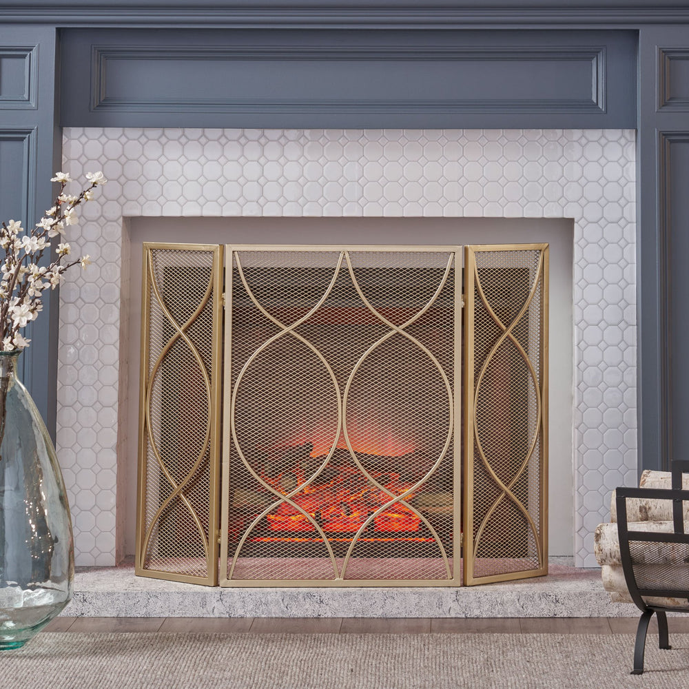 English Elm Christopher Knight Home® - FIRE Gold Iron Fireplace Screen 32.5x24.75 Inch Decorative Heat-Resistant Protective Cover, Elegant 65182.00GLD