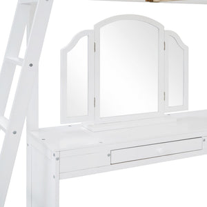 English Elm Full Wood Loft Bed with Wraparound Study Desk Built-in Storage and Vanity Mirror N708S00008K