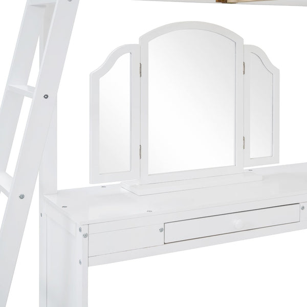 English Elm Full Wood Loft Bed with Wraparound Study Desk Built-in Storage and Vanity Mirror N708S00008K