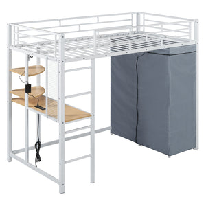 English Elm Twin Loft Bed with Built-In Desk, LED Light Strip, Power Outlet & Fabric Wardrobe for Small Rooms White SF000178AAK