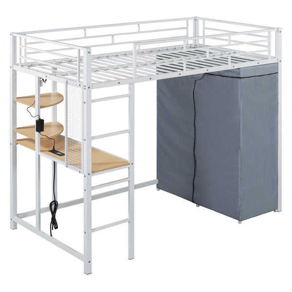 English Elm Twin Loft Bed with Built-In Desk, LED Light Strip, Power Outlet & Fabric Wardrobe for Small Rooms White SF000178AAK