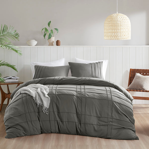 JLA Home Comfort Spaces - Soft Washed Pleated Duvet Cover Set with OEKO-TEX Soft Microfiber, Grid Pinch-Pleat, Button Closure, Breathable Comfort for Year-Round Use Grey AM12-0034