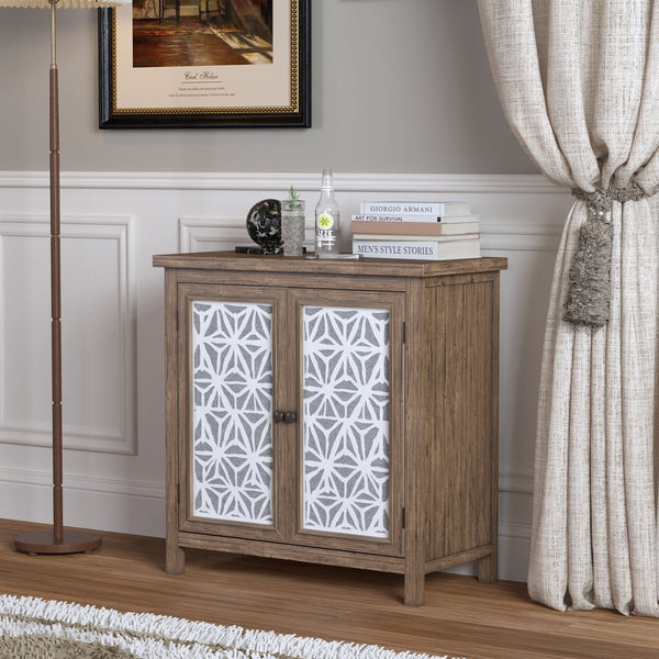 English Elm Rustic Vintage Wood Storage Cabinet with Metal Frame & Linen Doors, Dustproof Geometric Design, Easy Assembly W808P245584