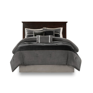 English Elm 7 Pc Madison Park Palmer Faux Suede Comforter Set In Black & Grey - Stylish Cal King Bedding Ensemble B03596986