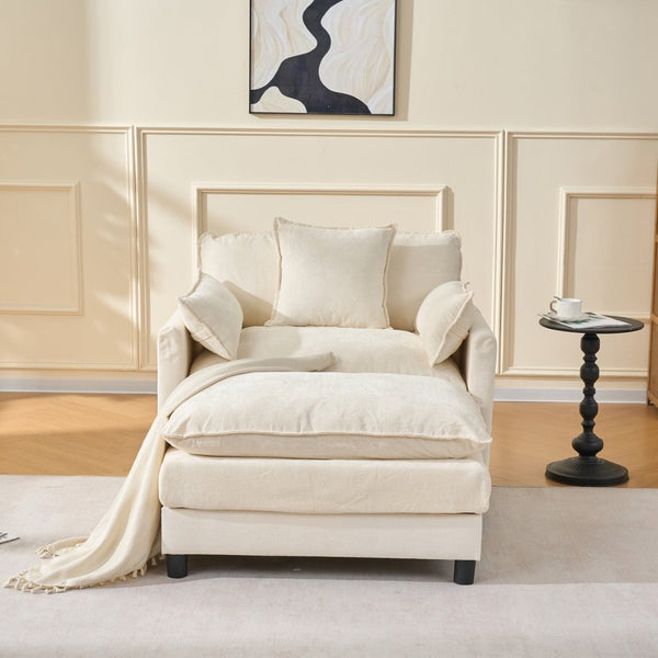 English Elm 39.4" Chenille Club Chair with Ottoman Solid Wood Frame for Living Room or Bedroom Beige W3244P392643