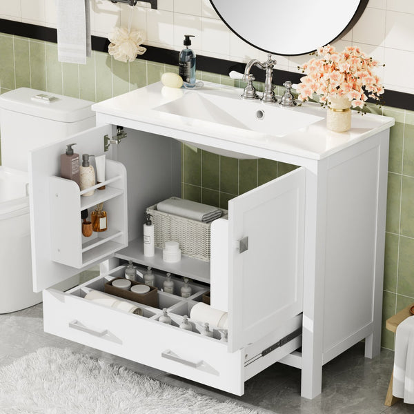 English Elm 36" White Bathroom Vanity with Ceramic Sink, Soft-Close Doors, Divided Drawer & Double Shelves for Organized Modern Bathrooms N729P276609K