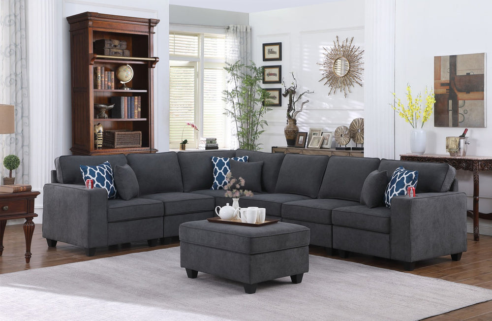 English Elm Cristiano Seven Piece Woven Fabric Sectional Sofa with Ottoman and Built in Cupholders B2749S00109