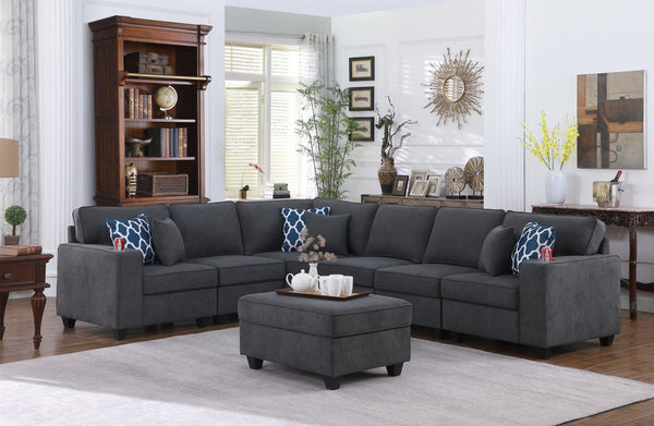 English Elm Cristiano Seven Piece Woven Fabric Sectional Sofa with Ottoman and Built in Cupholders B2749S00109