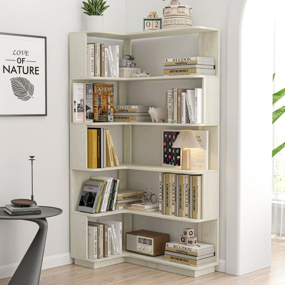English Elm 90cm L-shaped Corner Bookshelf Five Tier Open Storage for Office Bedroom Living Room W2899P444148