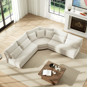 English Elm 5-seater Curved Corner Sectional Sofa Ribbed Corduroy Upholstery with Seven Accent Pillows Beige W2606S00014