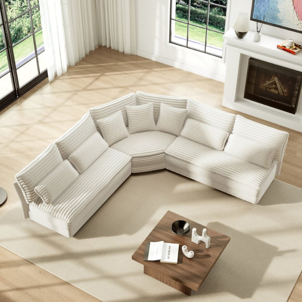 English Elm 5-seater Curved Corner Sectional Sofa Ribbed Corduroy Upholstery with Seven Accent Pillows Beige W2606S00014
