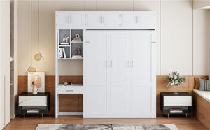 English Elm Queen Murphy Bed with Integrated Desk Cabinet Shelves Space Saving Studio Solution White N708S00021K-1