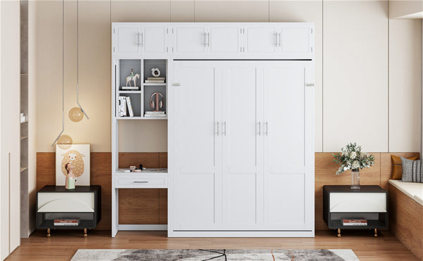 English Elm Queen Murphy Bed with Integrated Desk Cabinet Shelves Space Saving Studio Solution White N708S00021K-1